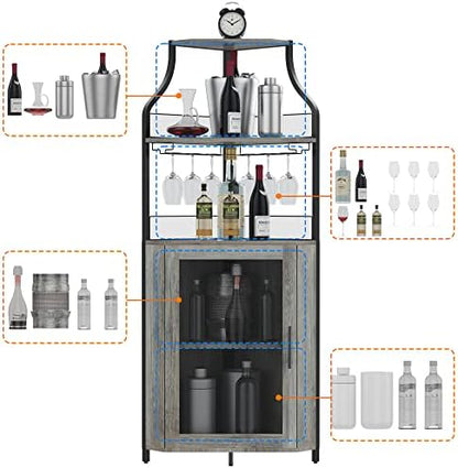 GAOMON Corner Bar Storage Cabinet, 5-Tier Farmhouse Liquor Cabinet with Glass Holder Wine Cabinet with Barn Door & Adjustable Shelf, Home Bar Storage for Home,Dining Room, Kitchen, Gray