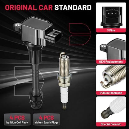 BDFHYK Ignition Coil Pack UF351 and Iridium Spark Plugs 4505 Compatible with Nissan Sentra 2002 2003 2004 2005 2006 1.8L L4 22448-6N015 22433-6N015 1884011051, Sets of 4