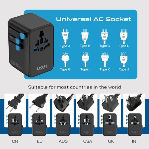 Ceptics Universal Travel Adapter, GAN 100W, 4 USB Ports & 2 Input Sockets
