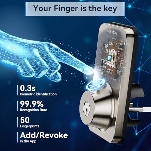 Ulecoce Fingerprint Keypad Deadbolt with Handle Set, Keyless Entry Door Lock, Door Locks for Front Door Lock Set, App Control, Auto Locking, Easy to Install, Satin Nickel