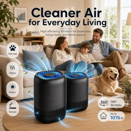 2-Pack of Air Purifiers for Home and Bedroom, Up to 1,076 Sq. Ft. Each, for Pet Hair, Odors, Pollen and Smoke, 3 Speeds, Timer, Aroma Function, 22 dB Sleep Mode, 360° Air Intake, Black
