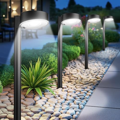 Ahaorigin 4 Pack Solar Pathway Lights Outdoor, 12 Brighter LED Solar Lights Outdoor Waterproof, Up to 12 Hrs Modern Path Light for Yard Garden Walkway Driveway Lawn, Cool White