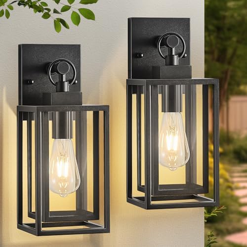 14 in Outdoor Wall Sconces Lanterns,Double Cage Square Black Outdoor Light Fixture,Waterproof Exterior Light Fixtures,Outside Lights for House Garage,Front Porch,Patio,Foyer,E26 Base,2 Packs