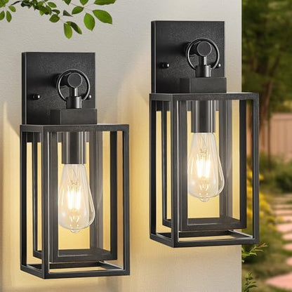 14 in Outdoor Wall Sconces Lanterns,Double Cage Square Black Outdoor Light Fixture,Waterproof Exterior Light Fixtures,Outside Lights for House Garage,Front Porch,Patio,Foyer,E26 Base,2 Packs