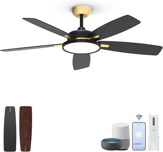 Roomratv 52 Inch Smart Ceiling Fan Compatible with App/Alexa/Google home | Black Gold,Beep-Off Function,Ultra Quiet,Bright and Dimmable Led Light,Energy saving,Reversible,Remote Control