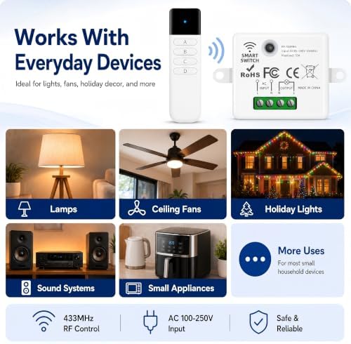 Wireless Light Switch Kit, No Wiring, RF Remote, 1 Switch, 4 Receivers
