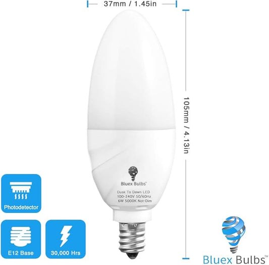 6 Pack BlueX Dusk to Dawn LED Bulbs, 6W E12 Base Light Bulb - 65W Equivalent – 5000K Daylight White - Smart Light Sensor Candelabra Bulb, Home Security Driveway, Yard, Porch Lighting