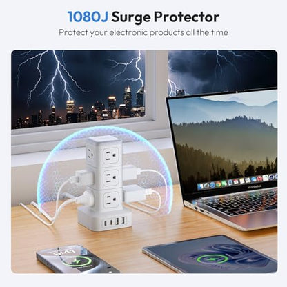 NTONPOWER Power Strip Tower with USB C Ports, 1080 Joules Surge Protector Tower, 1625W / 13A Overload Protection, 15 ft Extension Cord with Multiple Outlets, Power Outlet Tower for Home Office Dorm