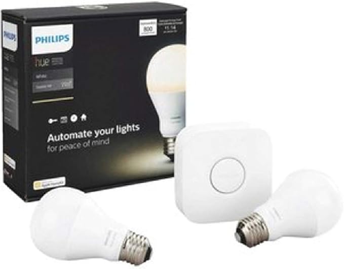 Philips Hue White A19 60W Equivalent Dimmable LED Smart Bulb Starter Kit (2 A19 60W White Bulbs and 1 Hub Compatible with Amazon Alexa Apple HomeKit and Google Assistant), 2 Pack California Residents