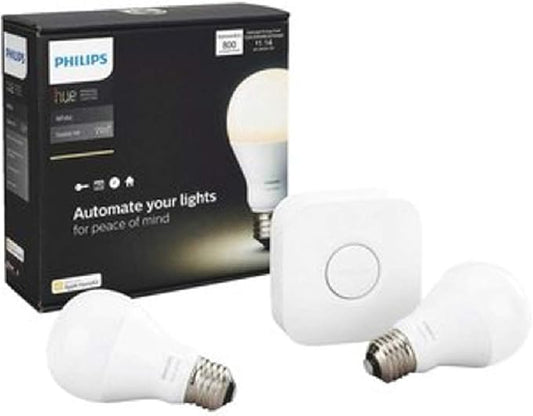 Philips Hue White A19 60W Equivalent Dimmable LED Smart Bulb Starter Kit (2 A19 60W White Bulbs and 1 Hub Compatible with Amazon Alexa Apple HomeKit and Google Assistant), 2 Pack California Residents