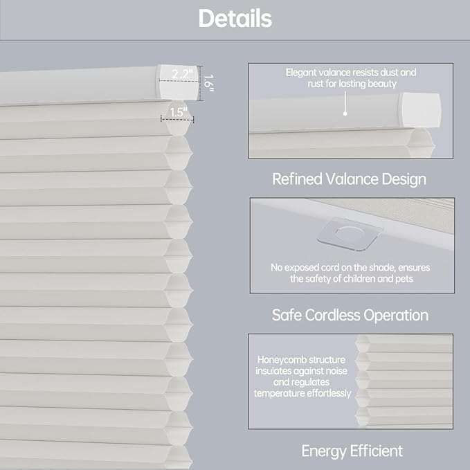 Cellular Shades Light Filtering Honeycomb Blinds for Indoor Windows, Cordless Cellular Shades 1.5 inch Cell Pleated for Bedroom Home Office, Custom Size, Half Shading Soft Pearl