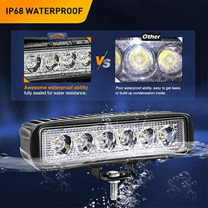 GOOACC 2 PCS 18w Spot Led Light Bar Work Light Pods Off Road Driving Light Fog Light Reverse Lights with 16AWG Off Road Wiring Harness-2 Leads for Truck Truck Boat SUV ATV, 2 Years Warranty