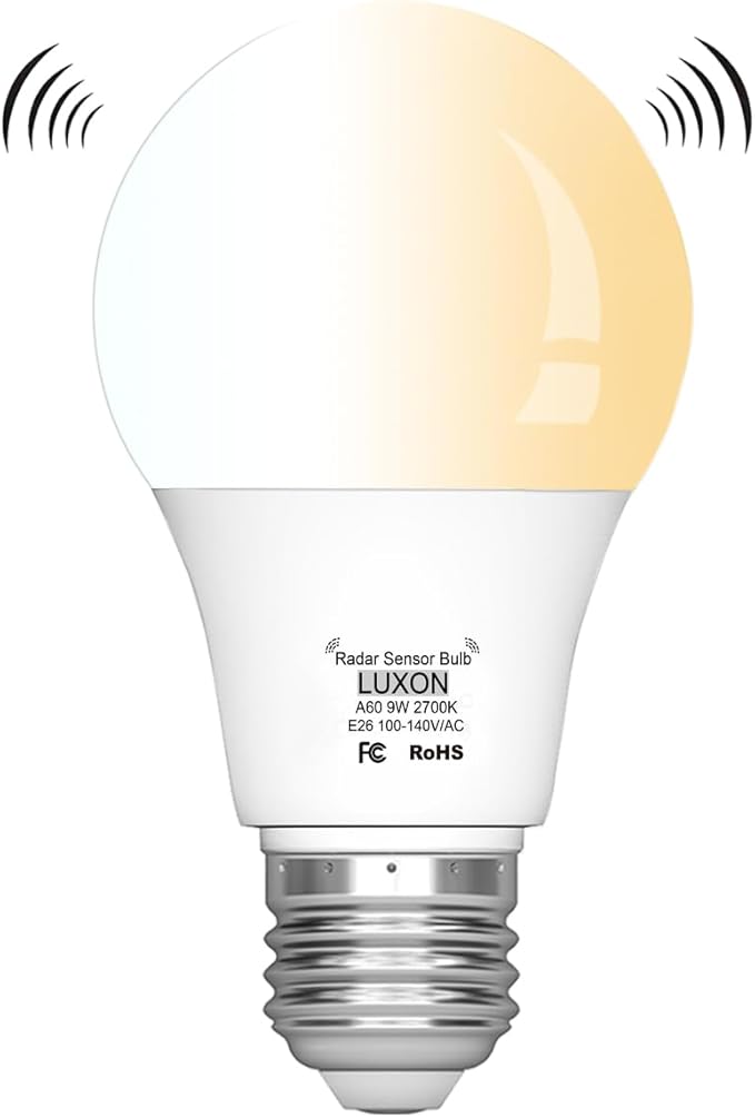 LUXON 5W A19 Radar Detector Dusk to Dawn 50W Equivalent Smart Led Lamp Lighting Indoor Outdoor Motion Sensor Bulb Auto On/Off E26 Base Soft White 2700K