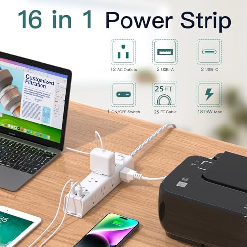 25FT Extra Long Extension Cord, Power Strip with 12 AC Outlets & 4 USB Port