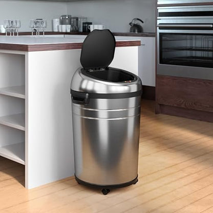 iTouchless 18 Gallon Commercial Size Touchless Sensor Trash Can with Odor Control System & Wheels, 68 Liter Stainless Steel Round Automatic Garbage Bin
