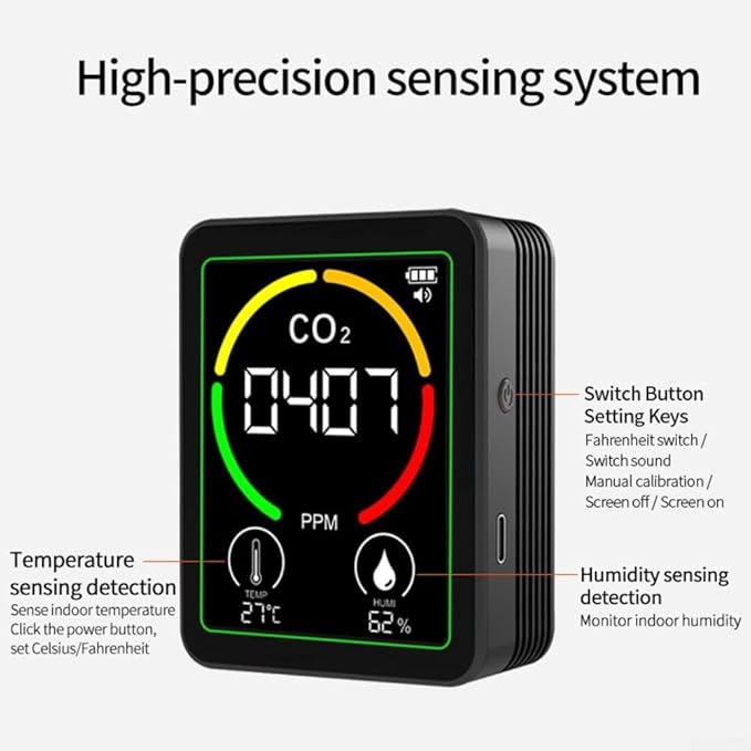 3in1 Indoor Air Monitor with Carbon Dioxide, Temperature & Humidity Sensors for Monitoring Air in Multiple Spaces (Black)