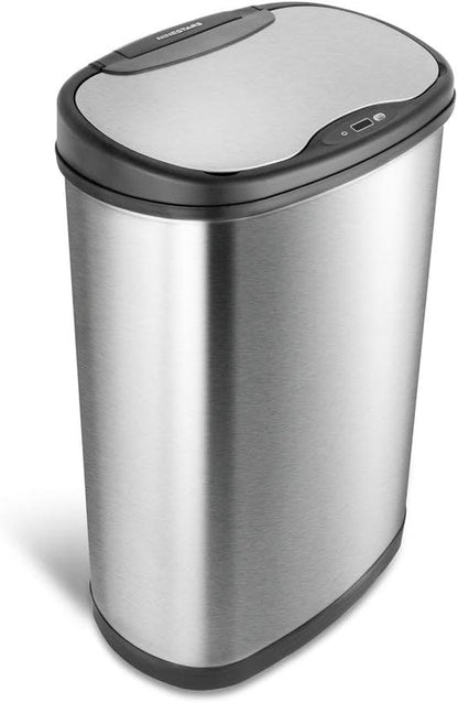 Ninestars 13 Gallon Oval Automatic Trash Can, 50L Touchless Motion Sensor Garbage Can with Odor-Sealing Lid & One-Touch Manual Mode, Silver Stainless Steel, Black Trim