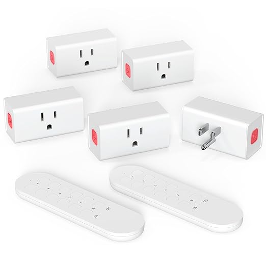 SURNICE Mini Remote Control Outlet Plug, 15A Wireless Light Switch Plug for Household Appliances, Up to 260 FT Long Range, 5 Outlets + 2 Remotes