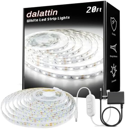 dalattin White LED Strip Lights, 20ft Dimmable Super Bright 24V Led Tape Light 6500K 360 LEDs Lights for Bedrooms, Mirror, Kitchen, Home Decoration Daylight White