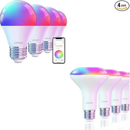 Linkind BR30 Smart Light Bulbs 4 Pack A19 Smart Light Bulbs 4 Pack RGBTW Color Changing Light Bulbs, Compatible with Alexa & Google Home