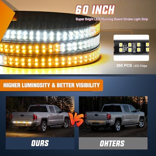 Nilight 60 Inch 360 LED Tailgate Strobe Light Strip Amber White