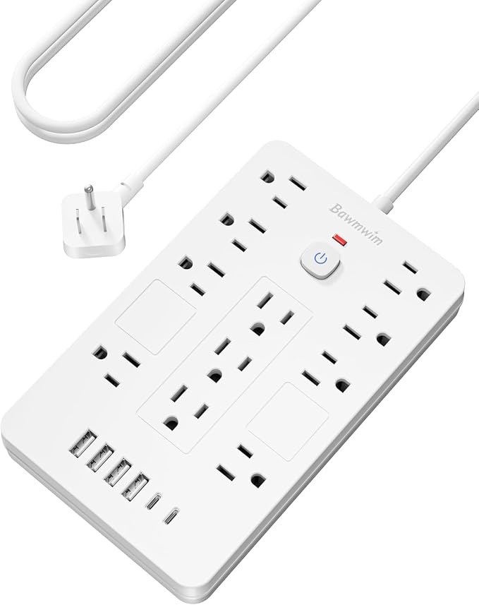 Surge Protector Power Strip - 11 Outlets(1850W/15A/14AWG) with 6 USB Ports(2 USB C), 15FT Flat Plug Extension Cord, Wall Mount, White, ETL Listed for Home, Dorm Room