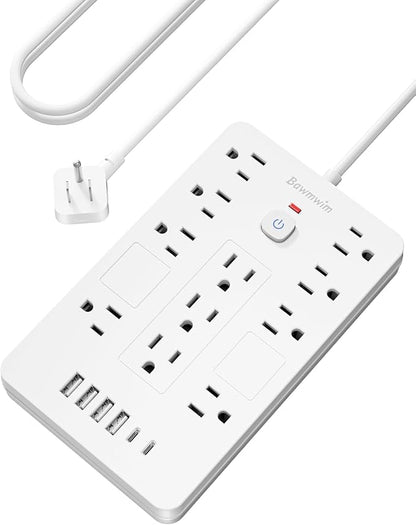 Surge Protector Power Strip - 11 Outlets(1850W/15A/14AWG) with 6 USB Ports(2 USB C), 15FT Flat Plug Extension Cord, Wall Mount, White, ETL Listed for Home, Dorm Room