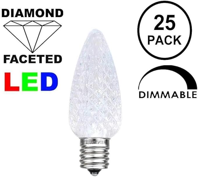 Novelty Lights 25 Foot C7 LED Outdoor Lighting Patio Christmas String Lights, Pure White, White Wire, 25 Bulbs