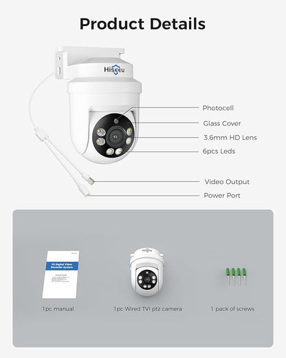 Hiseeu 5MP HD-TVI Dome PTZ Home Surveillance Cameras with 355° pan and 90° tilt,100ft IR Night Vision,IP67 Weatherproof Wired Security Camera for Indoor Outdoor Security Replacement Camera 1PCS