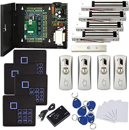 4 Doors RFID/Password Door Lock System Smart Access Control Keyless Entry Systems Keypad Reader Electric Magnetic Lock 110V Power Supply Box (Phone APP Remote Open Door)
