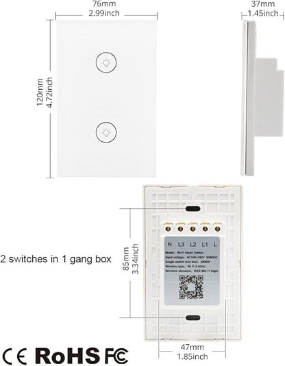 WiFi Smart Wall Touch Light Switch Glass Panel Wireless Remote Control by Mobile APP Anywhere Compatible with Alexa,Timing Function No Hub Required (Wall Switch 2 Gang)