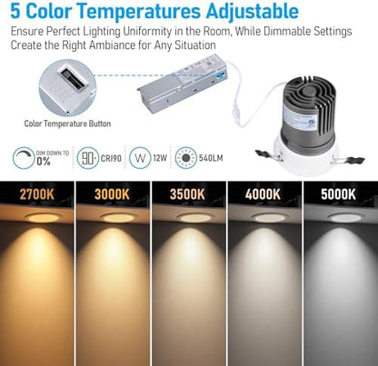 TORCHSTAR 6-Pack 4 Inch 5CCT Zero Glare LED Recessed Lights with J-Box