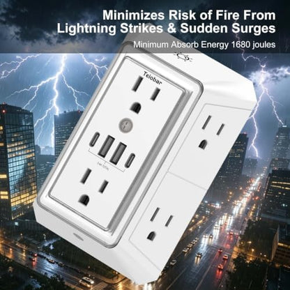 Multi Plug Wall Outlet Surge Protector with 6-Outlet & 4 USB Ports(2USB-C)