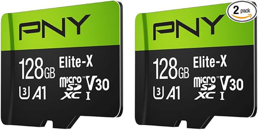 PNY 128GB Elite-X™ Class 10 U3 V30 A1 microSDXC Flash Memory Card - Up to 100MB/s Read, 4K UHD, Full HD, UHS-I, Smooth Content Capture, for Smartphones, Drones, Tablets, 2-Pack