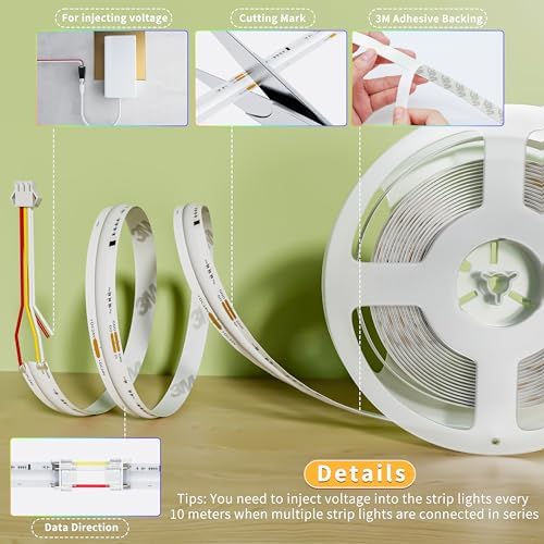 PAUTIX IP65 Waterproof RGB Smart IC COB LED Strip Light Addressable 32.8ft/10m,24V Color Flowing Strip Light Multicolor Flexible Tape Light for TV,Room,Party DIY Decoration(Without Controller&Adapter)