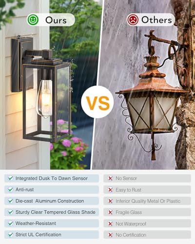 VIANIS Black Gold Dusk to Dawn Porch Light Wall Mount, Anti-Rust, UL Listed
