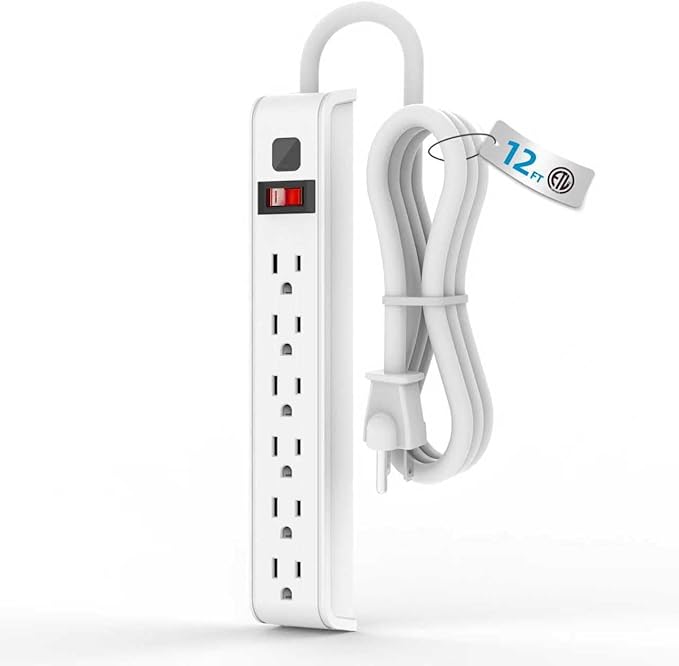 TiFFCOFiO Surge Protector Power Strip, 12 Feet Extension Cord, 600 Joules Surge Protection, Multiple Protection 6 Outlet Strip, 14 AWG Cord, 15A/1875W, ETL Listed