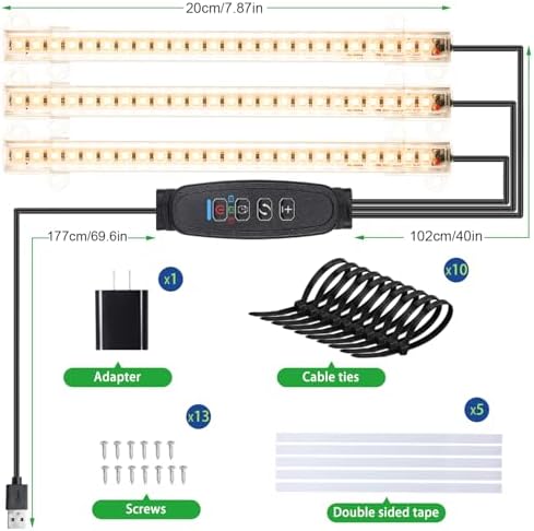RWNTAO 3 Head 7.8 Inches LED Grow Light Strips, Grow Lamps for Indoor Plants Full Spectrum 3000K, 72 LEDs Plant Light Strips with 3/9/12H Timer, 10 Dimmable Levels for Seedling Succulent