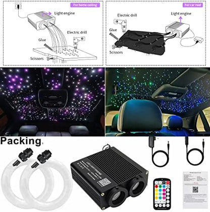 AZIMOM Dual Color 32W Sound-Activated Mix860pcs Fiber Optic Starlight Headliner Kits 13.1ft Fiber Strands APP/Bluetooth Remote Control Star Ceiling Car Home Roof Decor