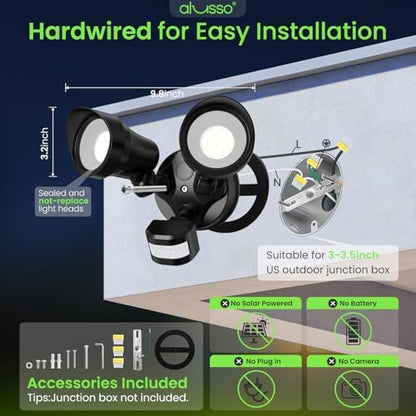 ALUSSO Motion Sensor Outdoor Lights, 30W 3500LM Flood Lights Outdoor 120V, 3 Modes (Dusk to Dawn/Auto/On Time), 3CCT 3000K/4000K/6500K Waterproof Hardwired Security Light ETL Listed for Porch, 2PCS