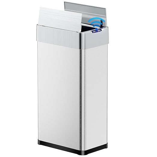 TLSUNNY 13.2 Gallon Automatic Trash Can, Stainless Steel Motion Sensor Garbage bin, Smart Trash Can W/Butterfly Lid, Bag Retainer Ring and Display Light for Living Room,Kitchen,Office (Silver, 50L)