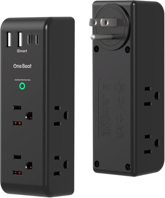 Surge Protector Outlet Extender with Rotating Plug, 6 AC Multi Plug Outlet with 4 USB Ports (2 USB C), 3-Sided 1800 J Swivel Power Strip with Spaced Outlet Splitter for Home Dorm, Black, 2 Pack
