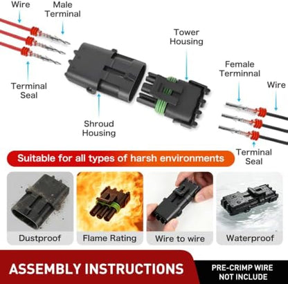 Nilight 140PCS 10 Kits 3 Pin Waterproof Automotive Electrical Connector Kit
