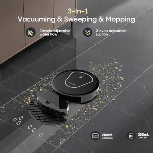 Bagotte Robot Vacuum and Mop Combo,5000Pa Suction Robotic Vacuums Cleaner with Low Noise, Self-Charger,2.4G WiFi/App/Alexa/Remote Control for Pet Hair,Hard Floor,Carpet