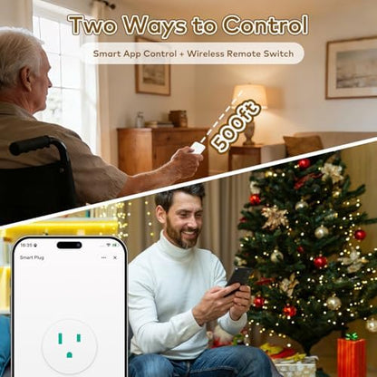 NineLeaf Slim WiFi Smart Plug w Switch, Remote App Control, 15A/1500W, Compatible with Alexa/Google Home via Tuya, Compact Design Control Anywhere,Timer/Schedule, TUV FCC, 2.4G Only(3Remotes 2Outlets)
