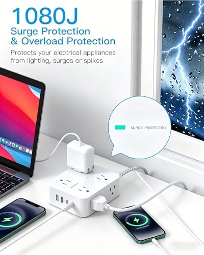 HANYCONY Ultra-Thin Flat Plug Extension Cord, 8-Outlet Surge Protector 5Ft