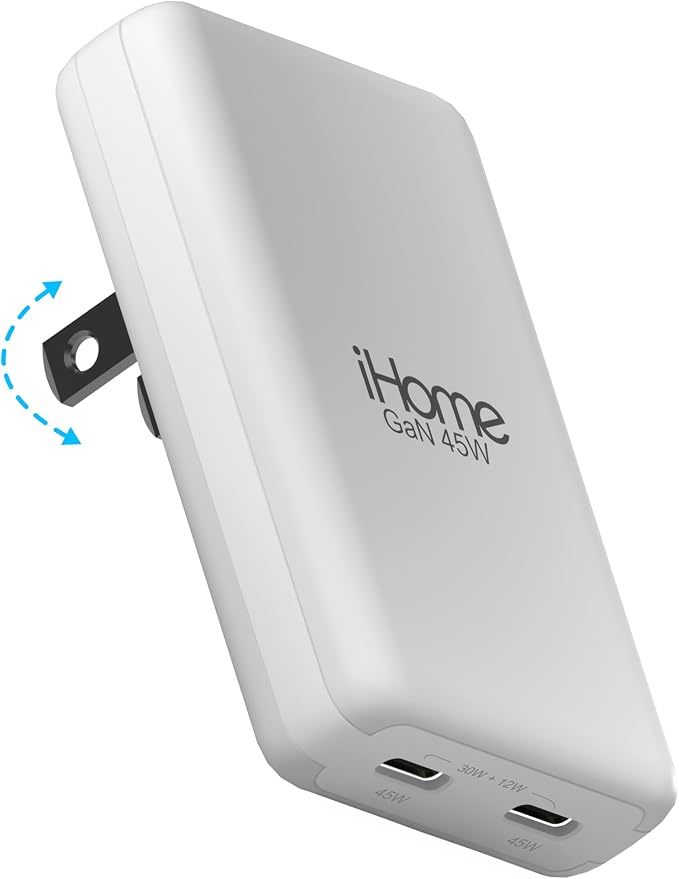 iHome GaN Universal Charger, USB C Block with Power Delivery, Folding Prongs, Travel Friendly, Compact for Phone, Tablet, and USB-C Devices (White, 45W)