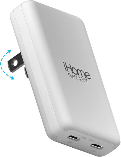 iHome GaN Universal Charger, USB C Block with Power Delivery, Folding Prongs, Travel Friendly, Compact for Phone, Tablet, and USB-C Devices (White, 45W)