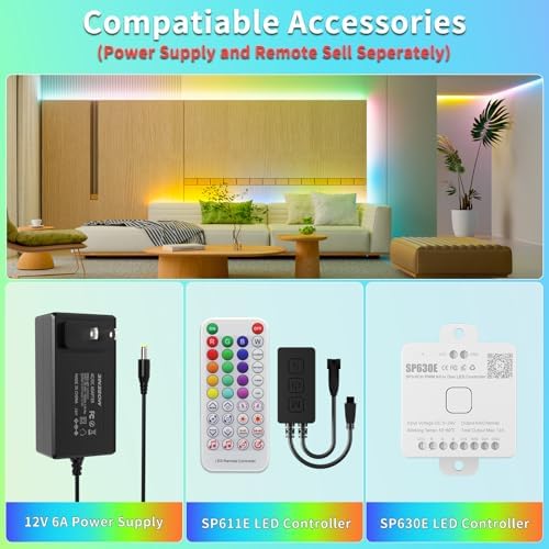 RGB Smart IC COB LED Strip Light 18ft Addressable Chasing Color 12V LED Light Strip Multicolored Flexible RGB Lights for Party, Decoration, Home DIY Lighting Projects(NO Adapter or Controller)