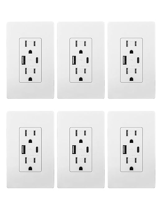 MOES USB Wall Outlet 15 Amp, USB-C and USB-A 24W Charging, White, 6 Pack